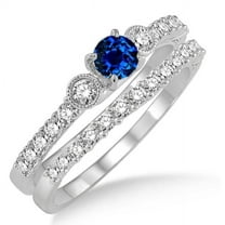2 Carat Blue Sapphire And Moissanite Diamond Engagement Ring Antique Three Stone Bridal Set on 10k White Gold