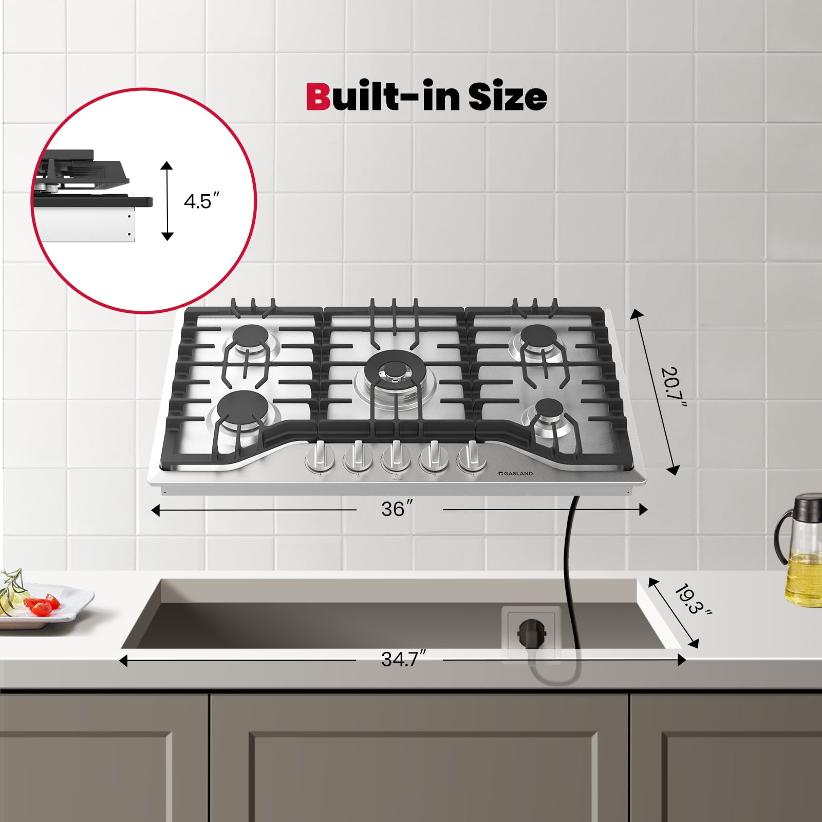 Gasland 36" 5 Burners Gas Stove Top, NG/LPG Convertible Built-in Gas Cooktop, Stainless Steel