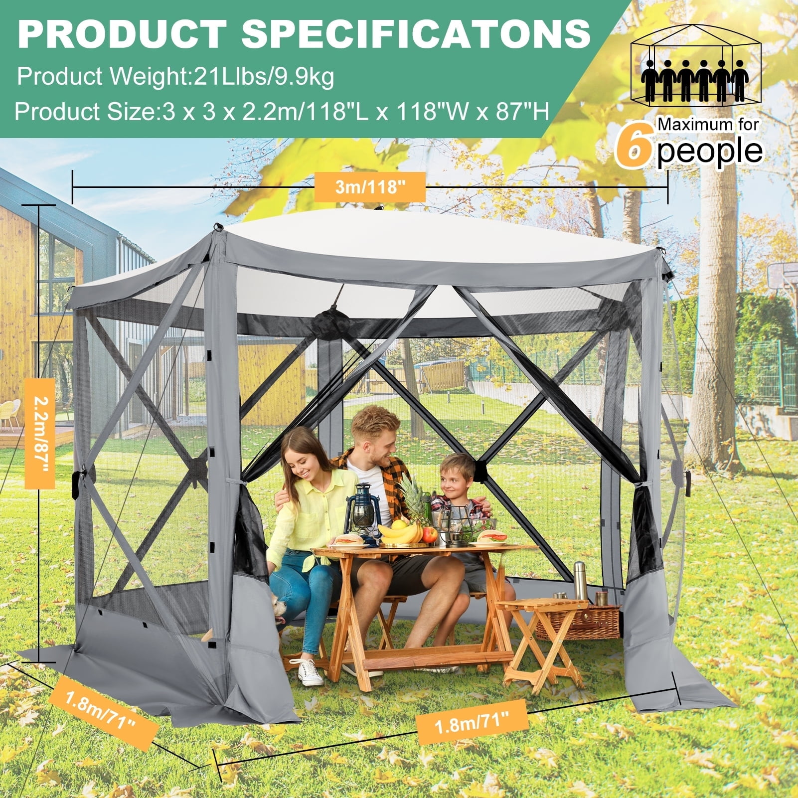 COBIZI 10x10 Pop up Gazebo Screen Tent Screen House for Camping,5 Sided Pop-up Camping Canopy Shelter Tent with Mesh Windows,Portable Outdoor Quick-set Hub Tent with Carrying Bag&Ground Stakes,Gray