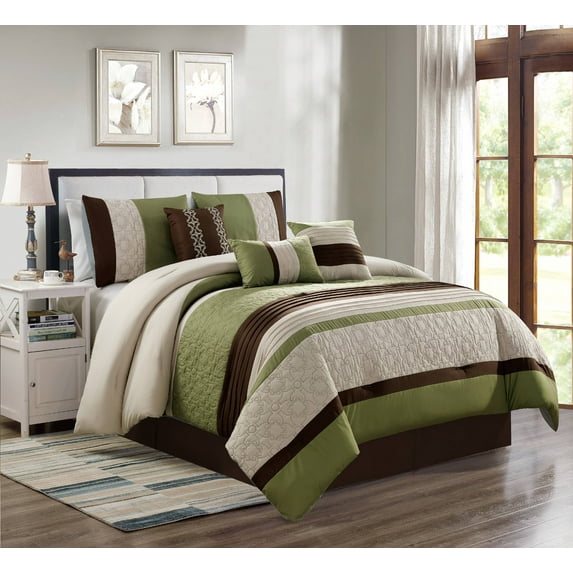 Unique Home 7 Piece Collections Comforter Set Abstract Sqaure Pattern Clearance Bedding Comforter Duvet Cover Set (Queen, Beige Green)