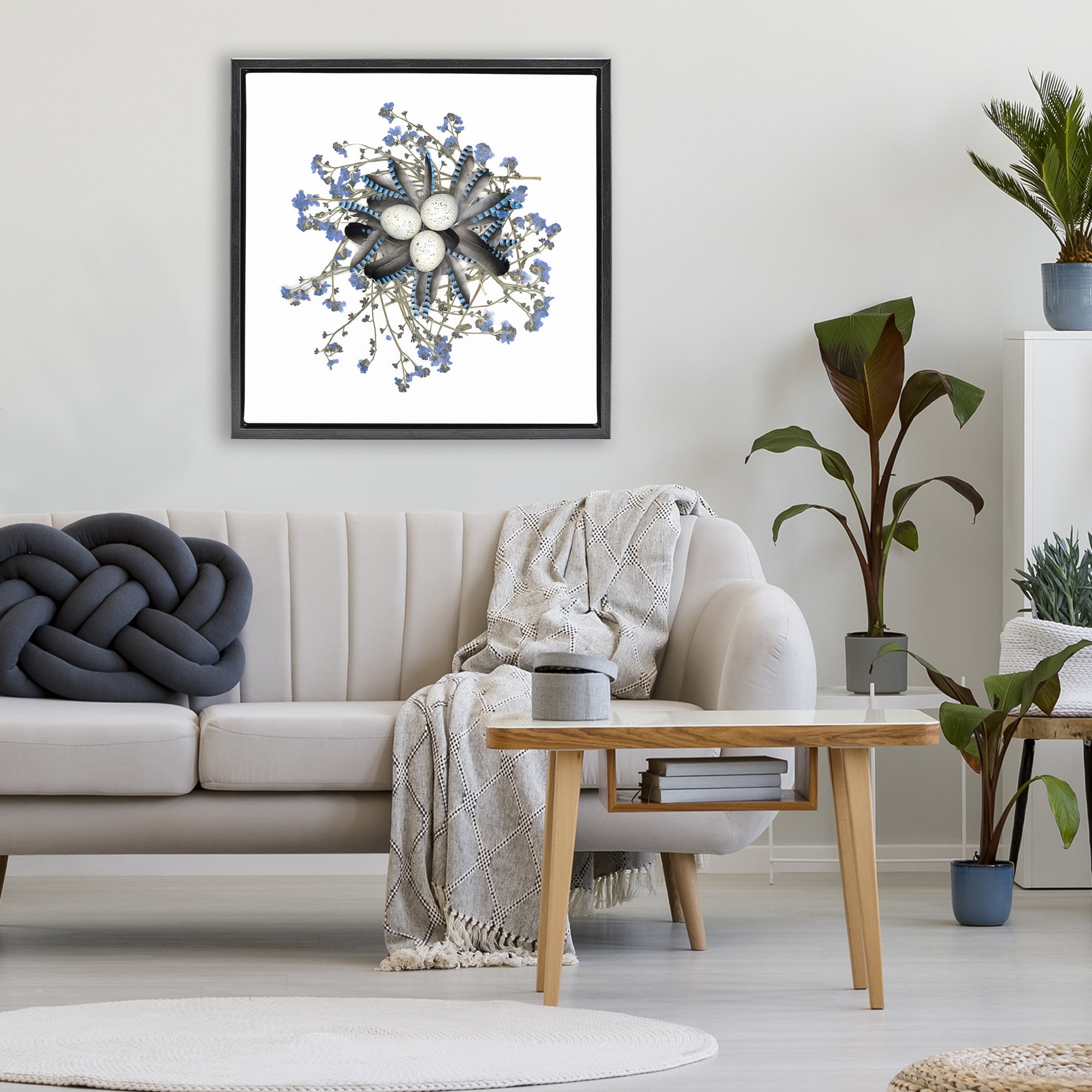 Stupell Industries Feathered Nest & Blue Florals Black Framed Floater Canvas Wall Art, design by Beth Adoette