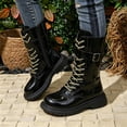 thumbnail image 2 of PFWOWB Girls Knee-High Combat Boots Lace-Up Buckle Strap Tall Boots with Side Zipper (Black,13), 2 of 5