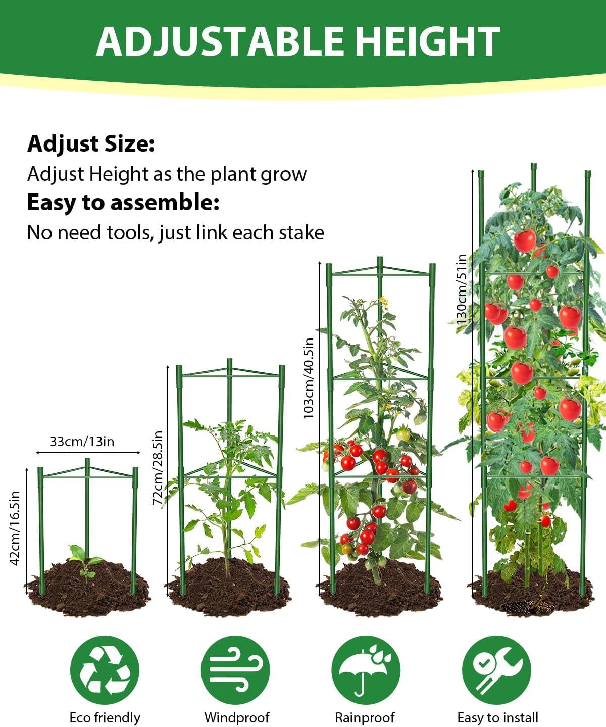 3 Pack Tomato Cages for Garden, 51in*13in Adjustable Tomatoes Plant Stakes Support Cages Trellis, Garden Trellis for Vegetable Flowers Fruits Climbing Plants- 20 Binding Wires Included