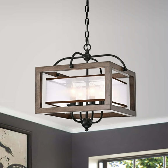 The Lighting Store Alina Antique Black Metal Natural Wood Chandelier with Fabric Shade
