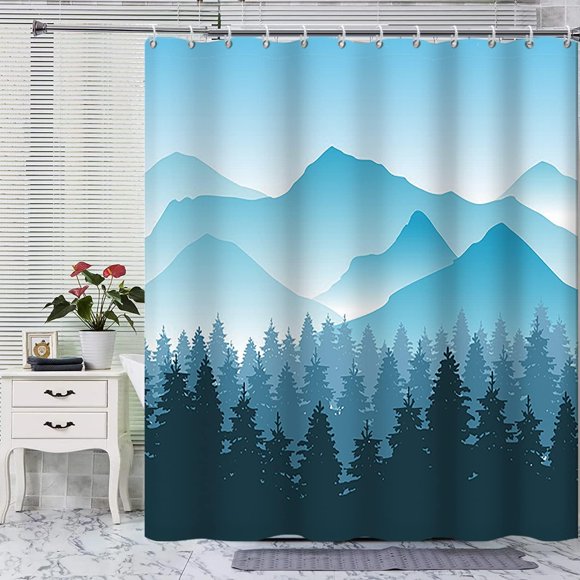 SDES-Blue Mountain Forest Shower Curtain, Foggy Mountains Rolling Hills Dark Forest Obscure Nature Landscape Shower Curtain Set with Hooks, Waterproof Polyester Fabric 183 x 183 cm