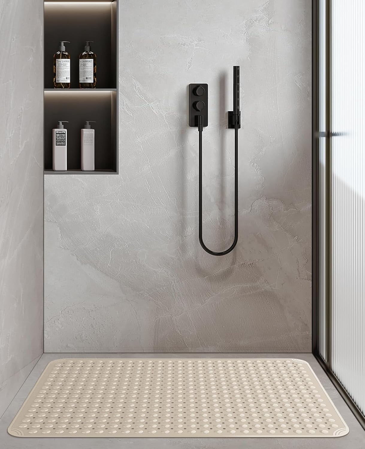 Yolife Shower Mat 31.5"x31.5" - TPE Non-Slip Bath Mat/Suction Cups & Drain Holes, Heavy Duty for Shower Stall, Odor-Free,Beige