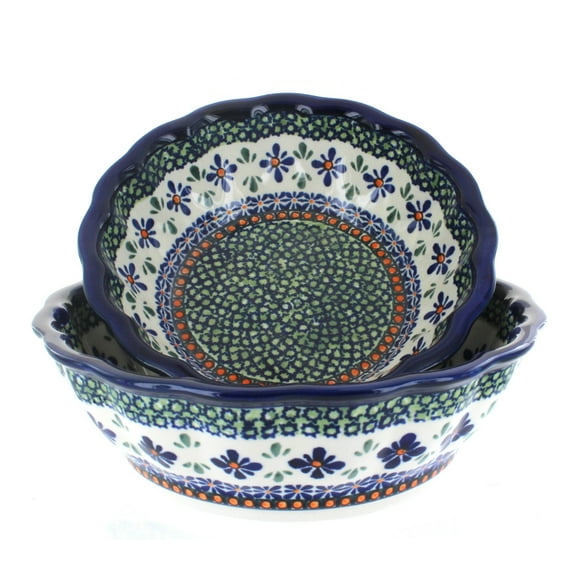 Blue Rose Polish Pottery Mosaic Flower Scallop Serving Bowl Set