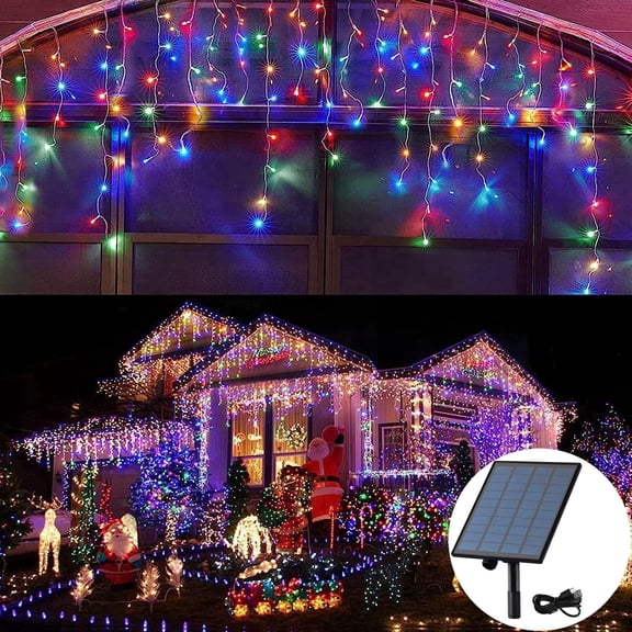 Goodea 49.2ft Solar Icicle Outdoor Lights, 300LED Christmas Icicle Lights, 8 Modes Waterproof Curtain Fairy Lights for Roof Eaves, Patio, Halloween, Party Decor, Multicolor