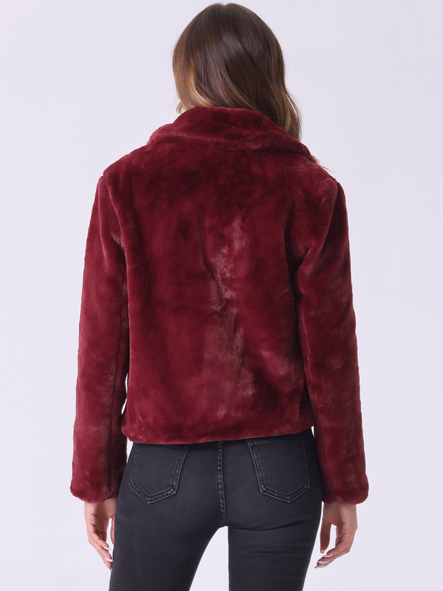 DARING DIVA Women's Cropped Notch Lapel Faux Fur Fluffy Coat XS Burgundy