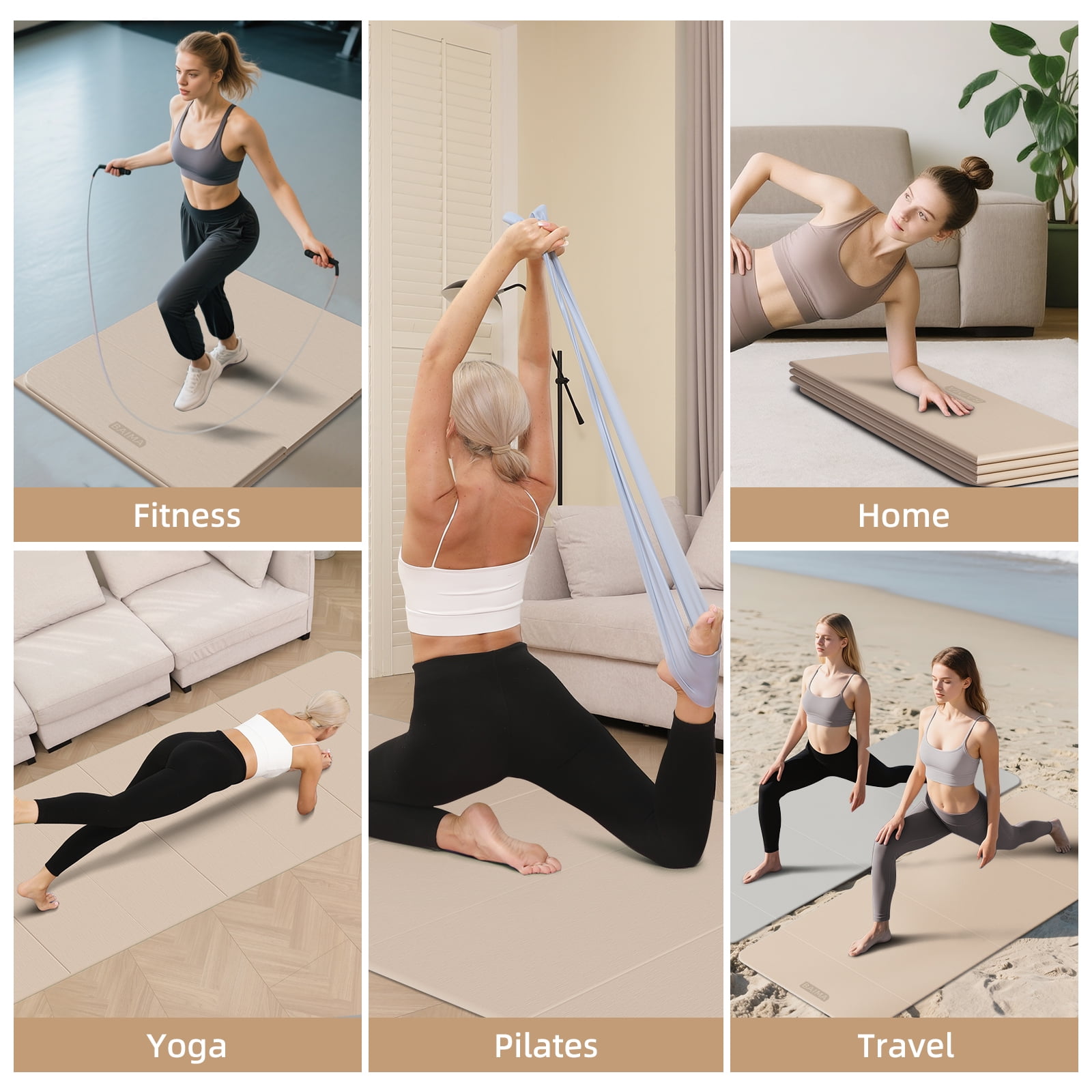 BAIMA Extra Wide Yoga Mat 31.5" x 75" length Large Non-Slip TPE Foldable,Exercise Matt for Yoga Pilates,Home Gym Flooring, Meditation (Milk Coffee)