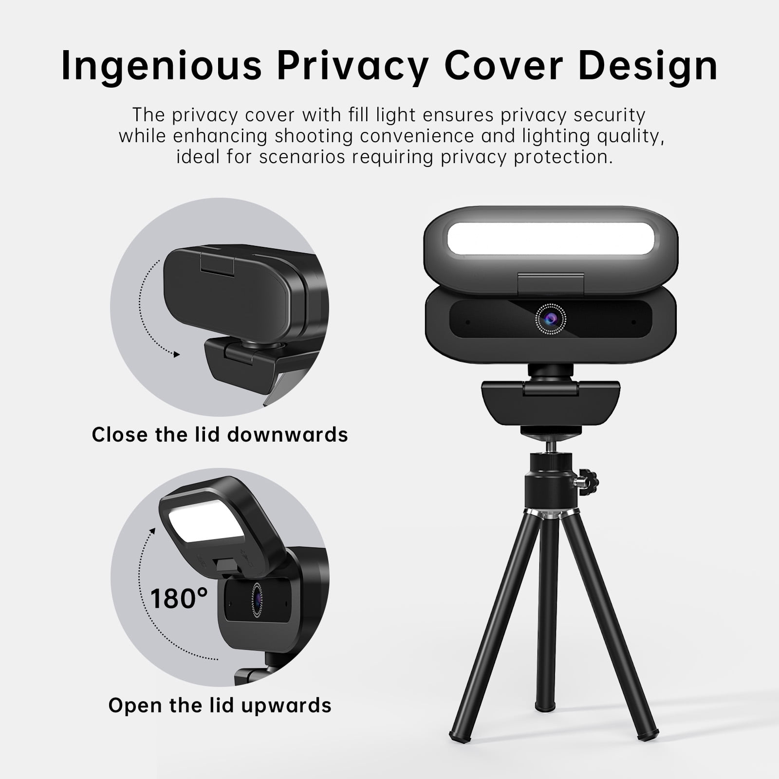 4K USB Webcam with Autofocus, Dual LED Fill Lights, Privacy Shutter, Tripod & Type-C Adapter for Streaming/Meetings