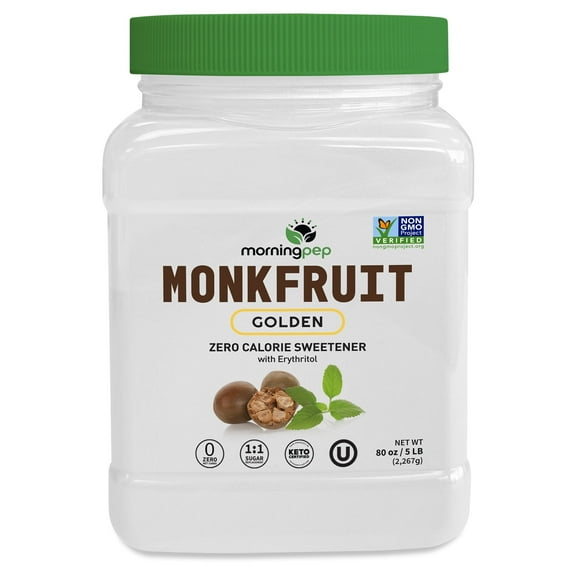 Morning Pep Monk Fruit Sweetener, Golden Sugar Substitute, Keto Friendly, 1:1 Sugar Replacement, Zero Calorie, Non-GMO, Kosher, Golden - 5 lb