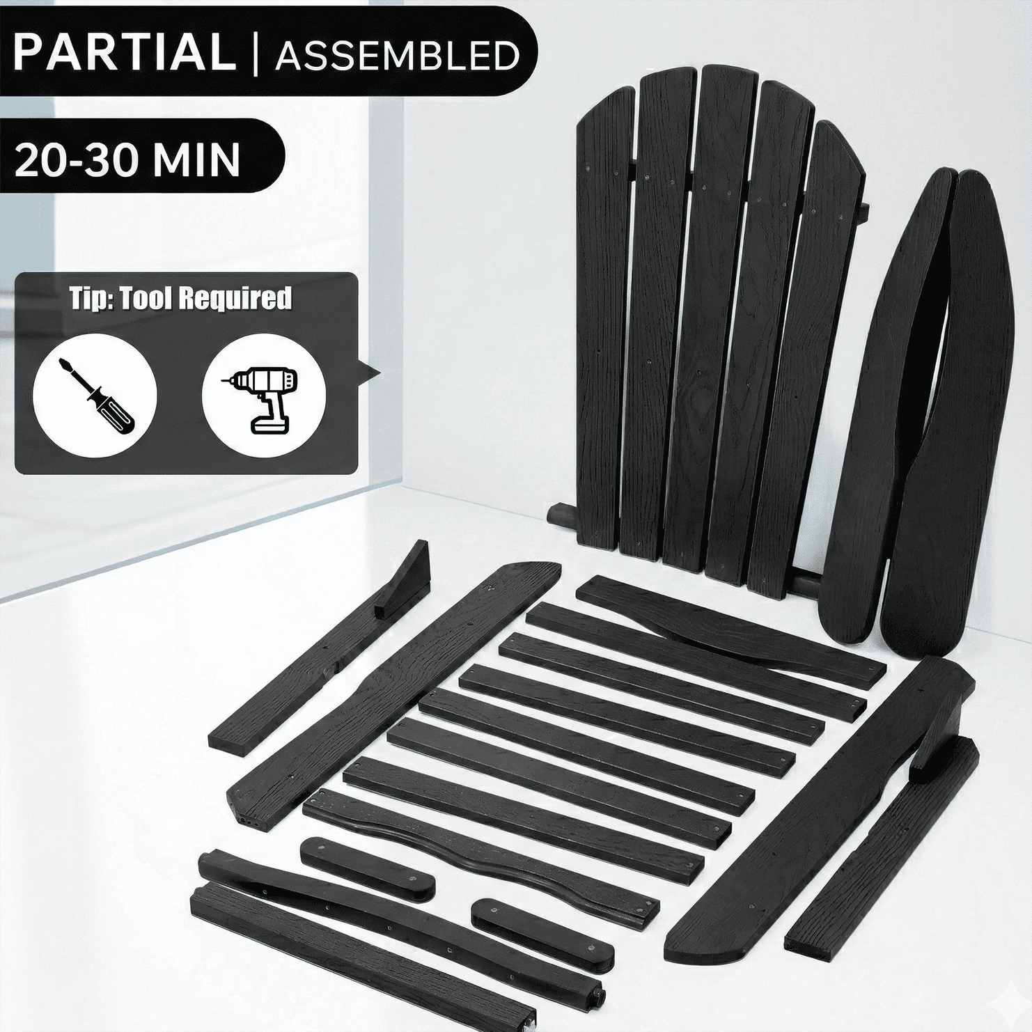MOONMISS Folding Adirondack Chair Set of 2, All-Weather Outdoor Fir Pit Chairs for Patio Garden Backyard,Black
