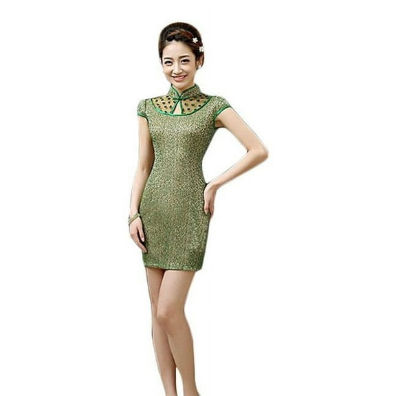 Panda Superstore PS-CLO1045024-JACKY02103 Elegant Slim Lace Cheongsam Qipao Short Dress Skirt, Green - Large