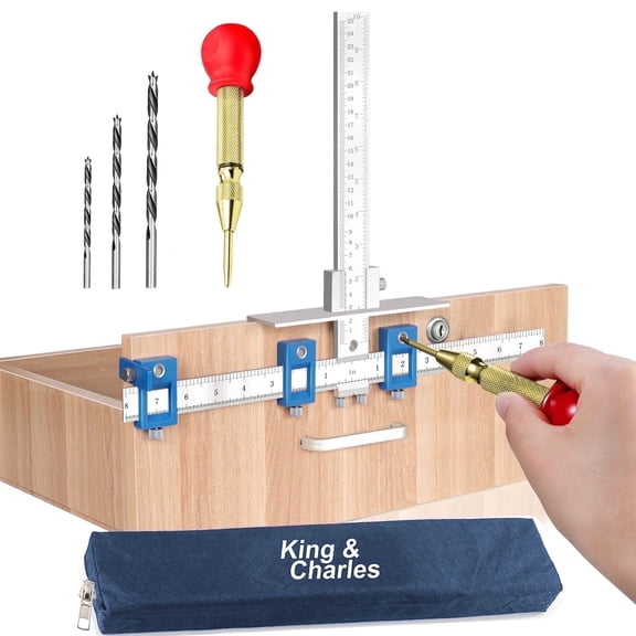 King&Charles Cabinet Hardware Jig,  Metal Cabinet Handle Jig   Auto Hole Punch   Point Drill Bits, Use for Handles Knobs Pulls on Drawers/Doors, Wood Drilling Dowelling Guide Set.