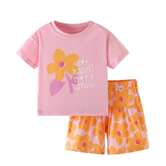 Liyamei Ensemble Deux Pièces pour Filles, Mode Décontractée, Haut à Manches Courtes à Imprimé Floral + Short, Rose 9-10 Ans