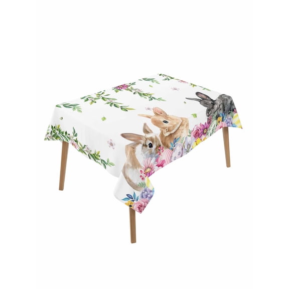Happy Easter Rectangle Tablecloth, Cutte Rabbits Eggs Floral Plants Watercolor Waterproof & StainResistant Tablecloth, Washable Oil-proof Table Cover for Dining/Party/Wedding/Camping/Buffet 60x84 In