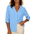 thumbnail image 2 of Women Solid Textured V Neck Button Up Shirt, Three-Quarter Rolled Sleeve Casual Blouse Top With Chest Pocket, Lightweight Breathable Summer Daily Wear Shirts, 2 of 9