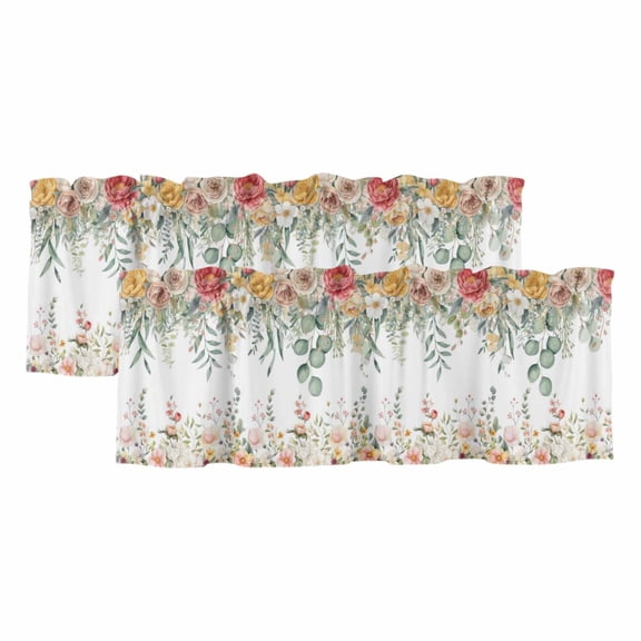 2 Pack Valances for Window, Spring Floral Short Curtains for Kitchen Bedroom Living Room, Watercolor Roses Eucalyptus Leaves Botanical Rod Pocket Small Window Treatment Valance Drapes 42 x 12 Inch