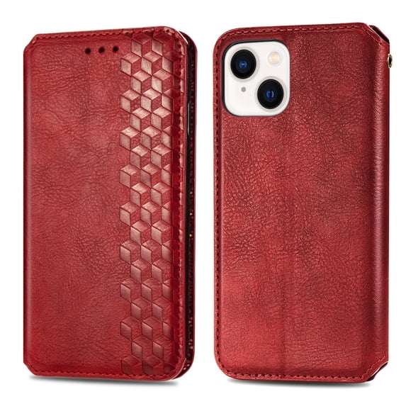SaniMore Wallet Case for iPhone 14 6.1", Vintage PU Leather Case Card Slots Cash Pocket Stand Feature Magnetic Closure Anti-drop Shockproof Full Body Protective Case For iPhone 14, Red