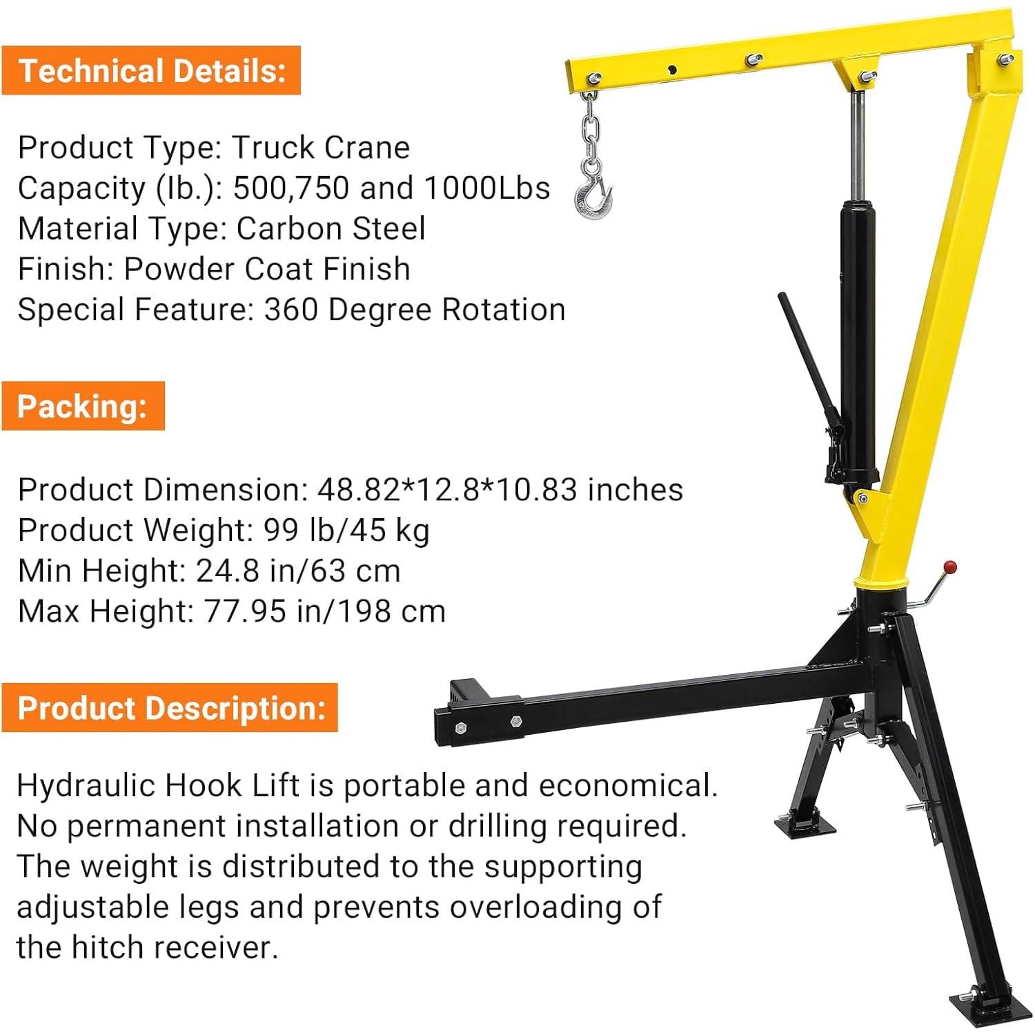 Roromall Hydraulic Pickup Truck Crane, 1000 lbs Capacity, 360°Swivel, Hitch Mounted Crane with 3 Adjustable Capacity for Lifting Goods in Construction, Industry