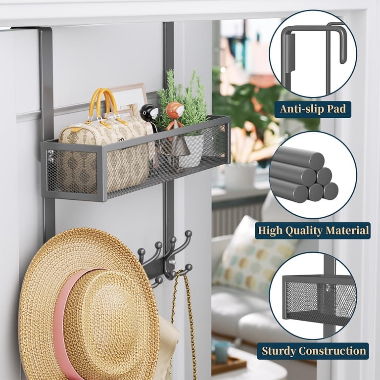 Consumest Over The Door Hooks Organizer - 16 Hooks & 2 Baskets For Towels, Coats & More