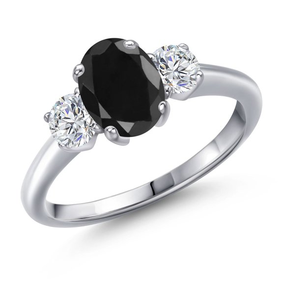 Gem Stone King 2.20 Ct Oval Black Sapphire G/H Lab Grown Diamond 925 Sterling Silver Ring