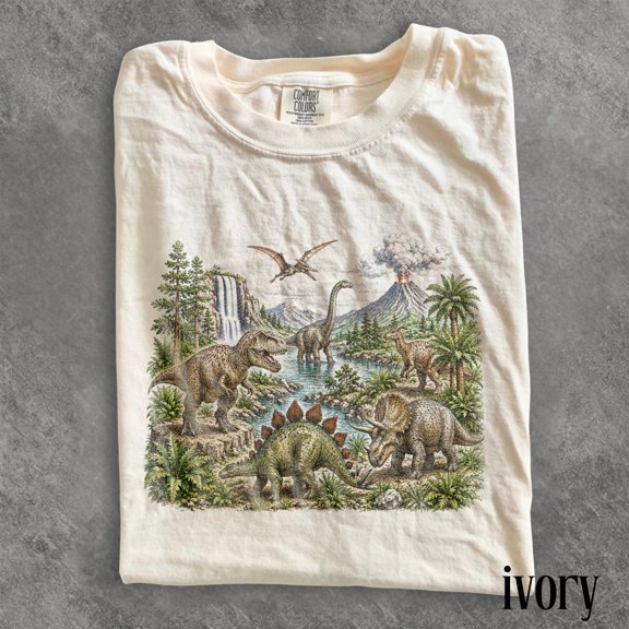 Vintage Dinosaur Landscape Graphic Tee, Jurassic Era T Rex Shirt, Prehistoric Nature Retro Style Top, Dino Gift Tee