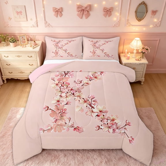 meiyoeat Pink Cherry Blossom Letter K Full Size Comforter Sets for Girls, Floral Monogram Bedding Comforter Set, Pink Reversible, 3pcs, 1 Comforter and 2 Pillowcases
