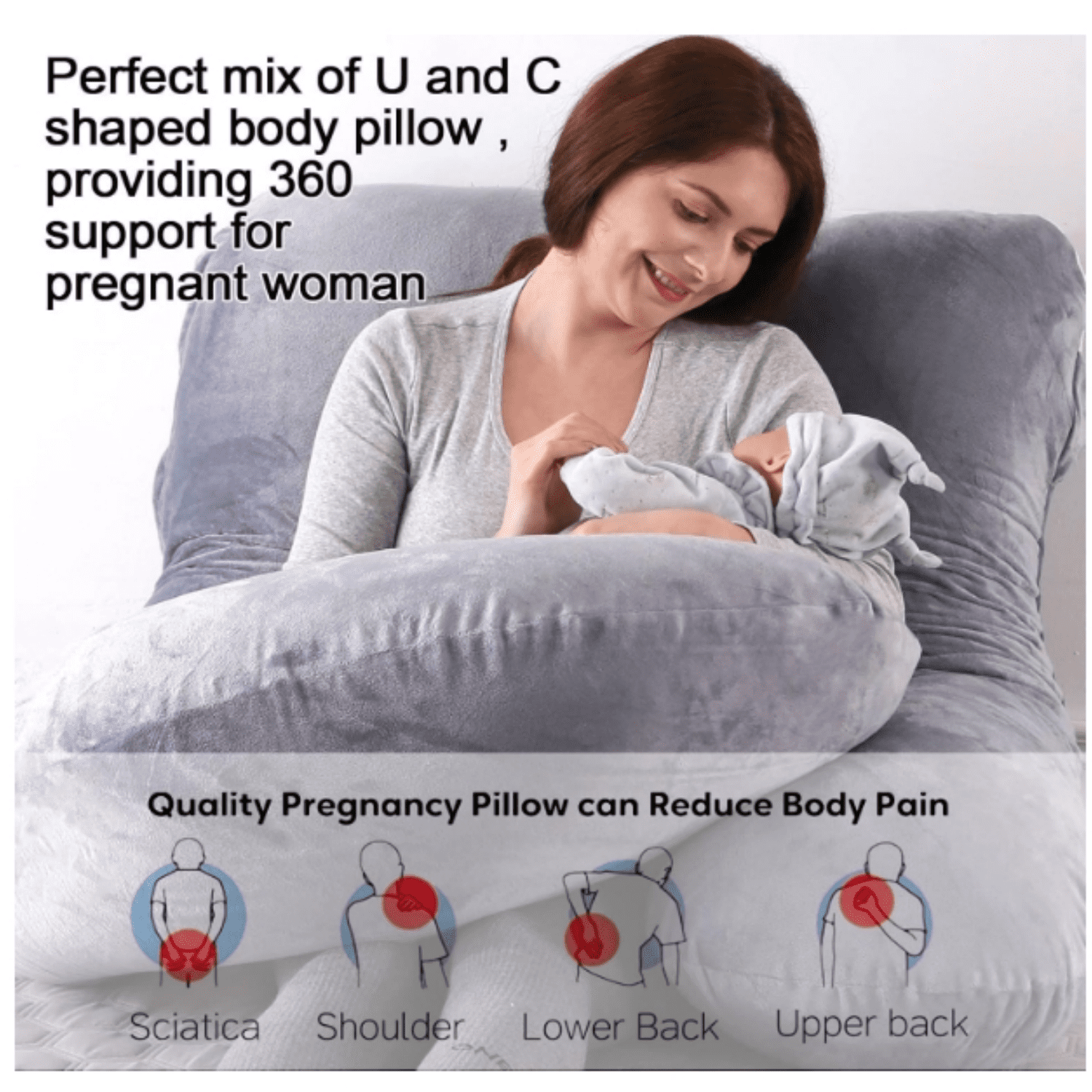 Pregnancy Pillows for Sleeping, U Shaped Full Body Maternity Pillow with Removable Cover - Support for Back, Legs, Belly, HIPS for Pregnant Women,Pregnancy Pillow, Grey