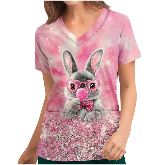 Yxbdin Easter Shirts for Women Cute Bunny Easter Graphic Scrub Tops Short Sleeve V Neck Holiday Nursing Working Uniform Scrubs Shirts with Pockets Multicolor XL
