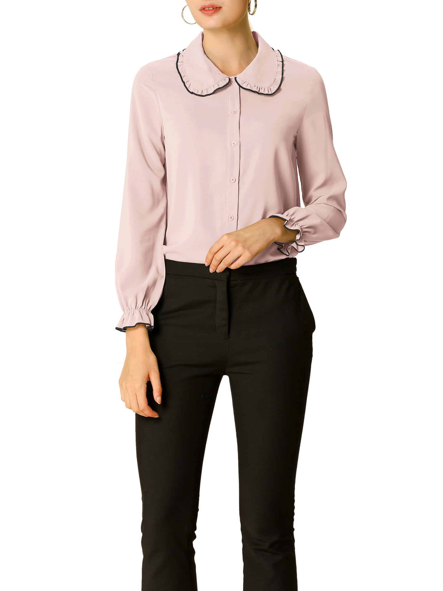 DARING DIVA Women's Peter Pan Collar Ruffle Long Sleeve Shirt M Pink