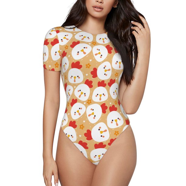 Balery Cartoon Chicken Body de cuello redondo de manga corta para mujer Tops de manga corta Tops básicos-Small