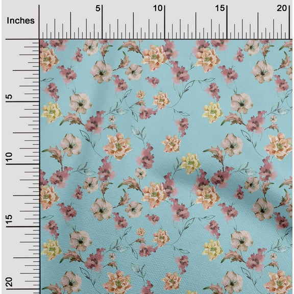 oneOone Cotton Poplin Twill Sky Blue Fabric Flower & Leaves Watercolor Quilting Supplies Print Sewing Fabric By The Yard 56 Inch Wide