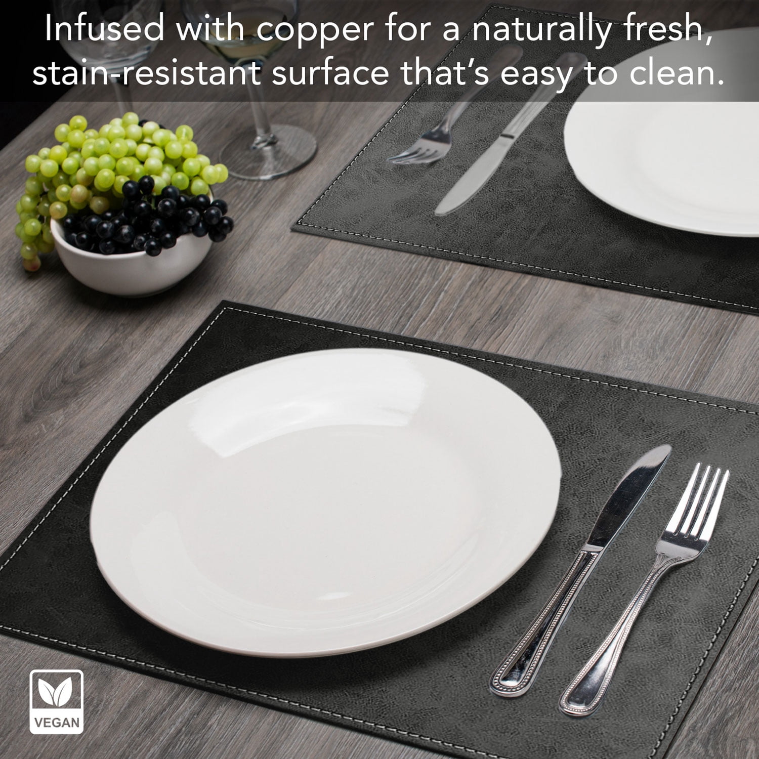 Luxurious Black Vegan Leather Placemats 4 Pack Look and Feel of Genuine Leather Infused with Copper