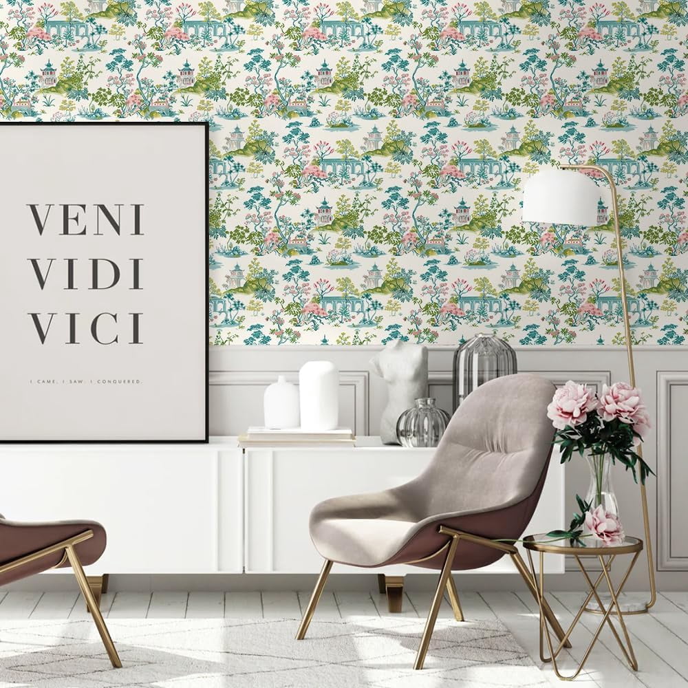 Vintage Green Blue Pink Garden Landscape Nature Plants Peel and Stick Wallpaper Contact Paper Vinyl Stick on Wall Paper for Bedroom Bathroom Kitchen Cabinet Renter Friendly