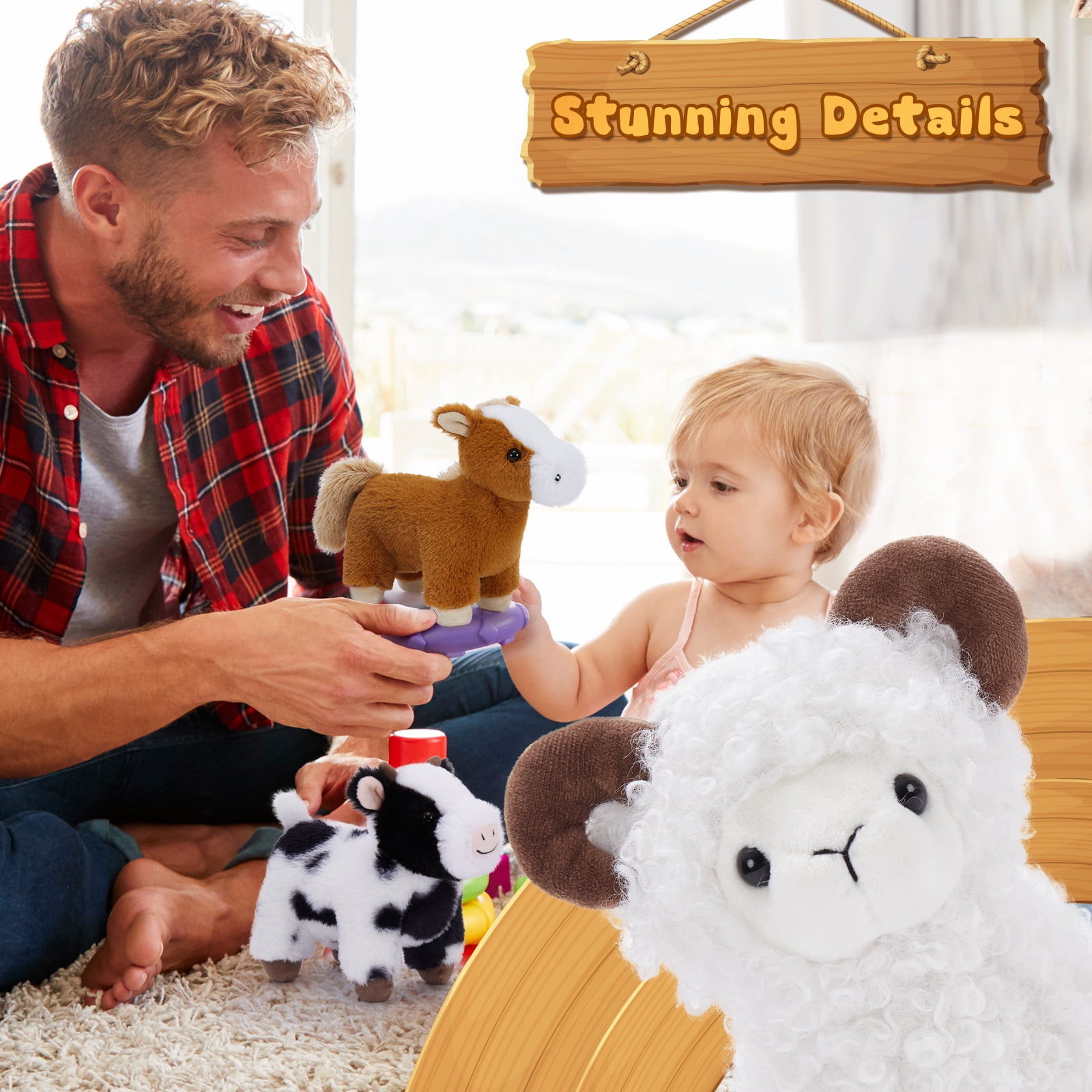 MorisMos 6Pcs Farm Animal Stuffed Animals Bulk with Cow/Horse/Sheep/Pig/Bunny/Chick Plush Toys