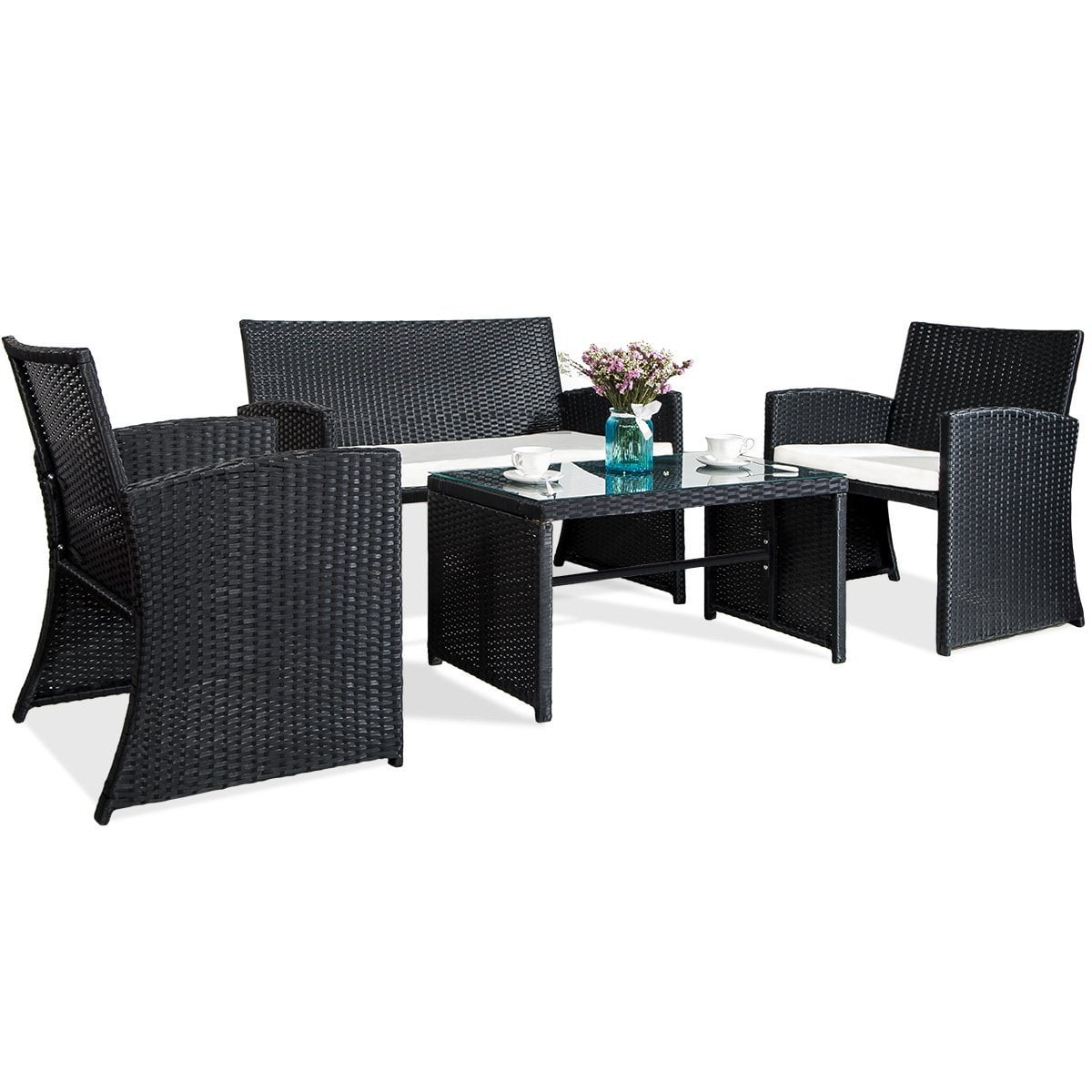 Merax 4 Pc Outdoor Garden Rattan Patio Furniture Set Cushioned Seat Wicker Sofa Walmart Com Walmart Com
