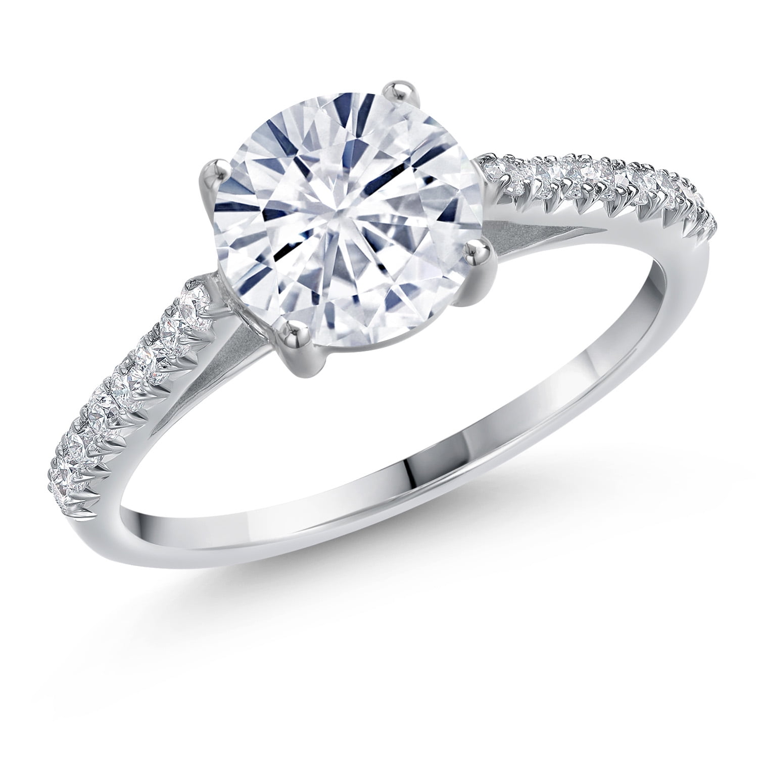 Gem Stone King 14K White Gold White Moissanite and White Lab Grown Diamond Engagement Ring for Women | 1.24 Cttw | Round 6.5MM | Gemstone Birthstone | Size 9