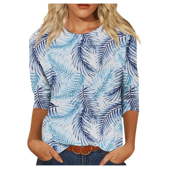 IROINNID Savings Polyester Long Sleeve T Shirt for Women Leisure Printed T-shirt Blouse Round Neck Tops,Sky Blue