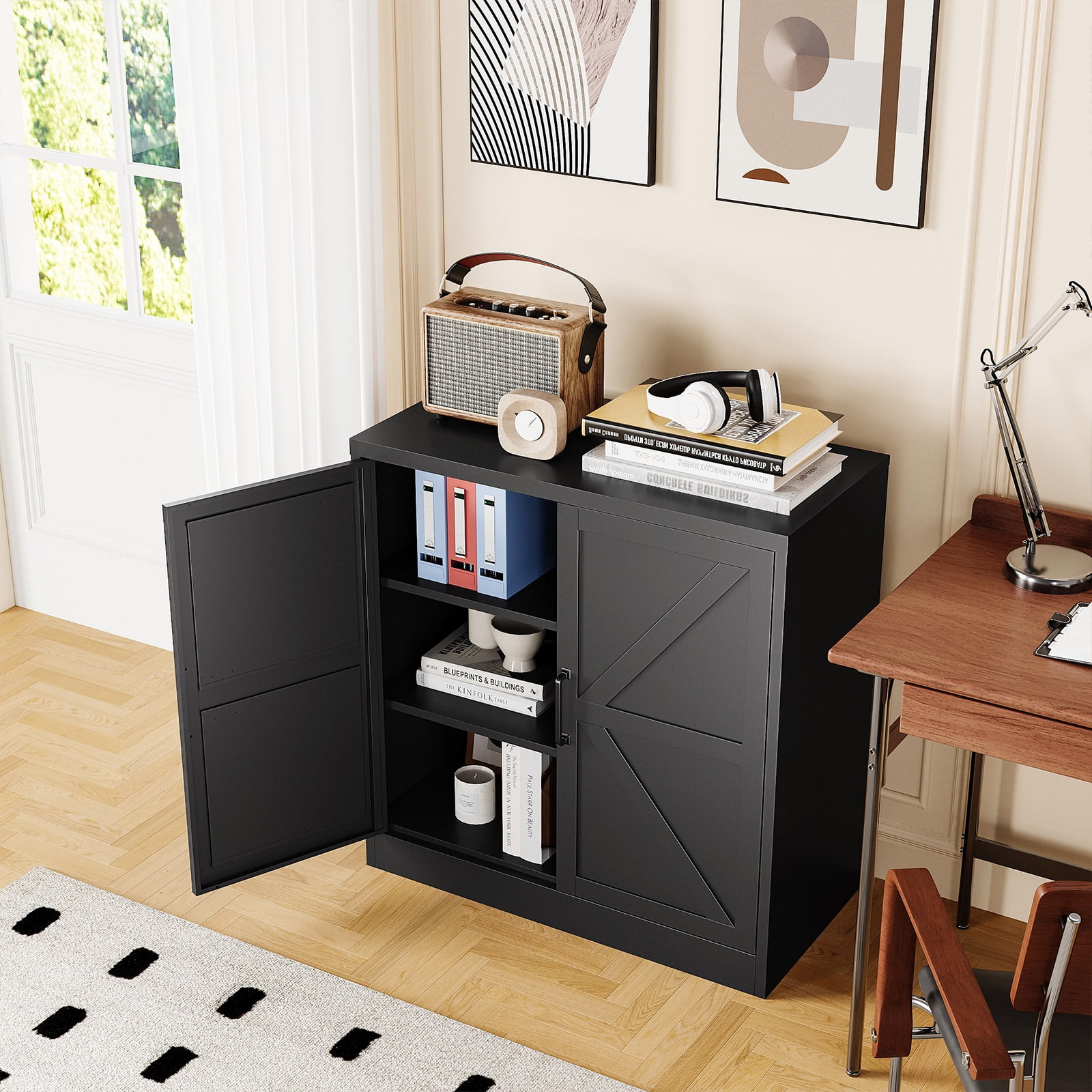 STANI Freestanding Steel Storage Cabinet with 2 Adjustable Shelves for Home Office, Dining Room, storeroom, Rustic Style/Farmhouse,Black