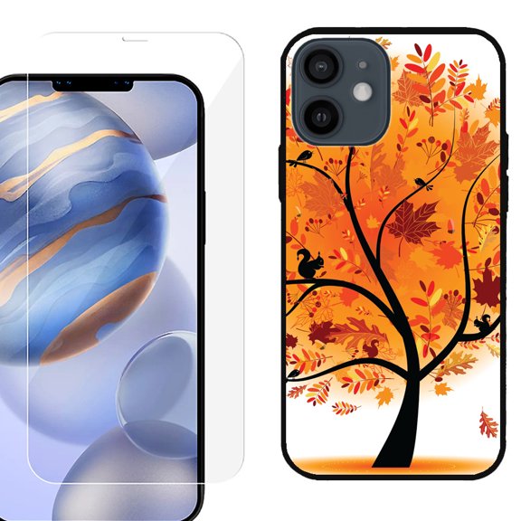 Slim-Fit Protective Phone Case (Black) compatible with iPhone 12 / iPhone 12 Pro, with Tempered Glass Screen Protector, by OneToughShield ® - Golden Tree