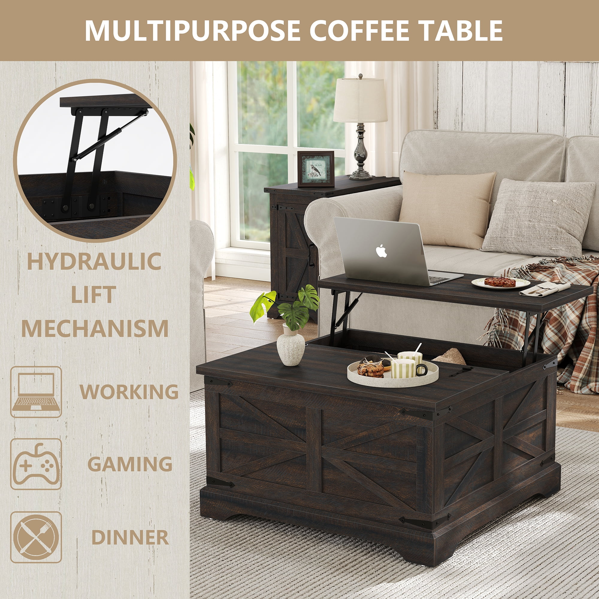 Furnihold Square Coffee Table with Storage Farmhouse Coffee Table with Lifting Top Modern Wood Center Table for Living Room Home Office, Dark Brown