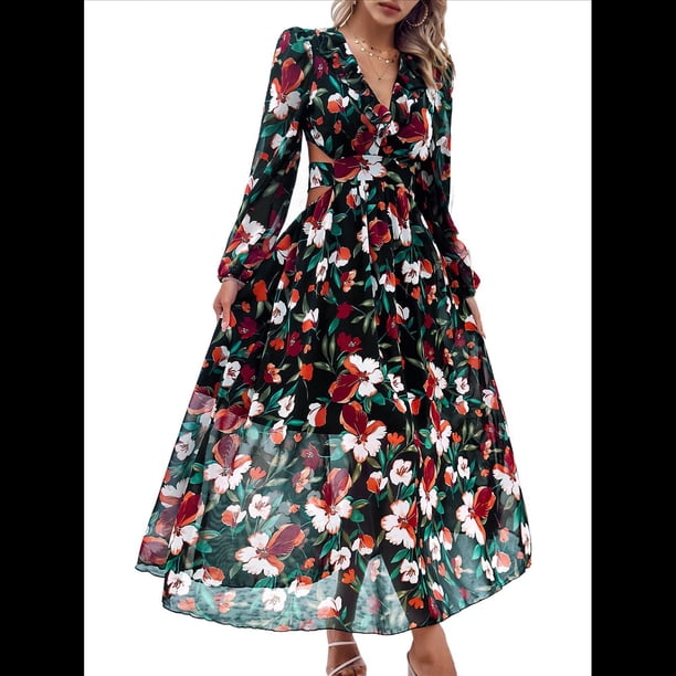 Vestido Bohemio Informal de Larga con Escote en V Profundo para Mujer Negro L