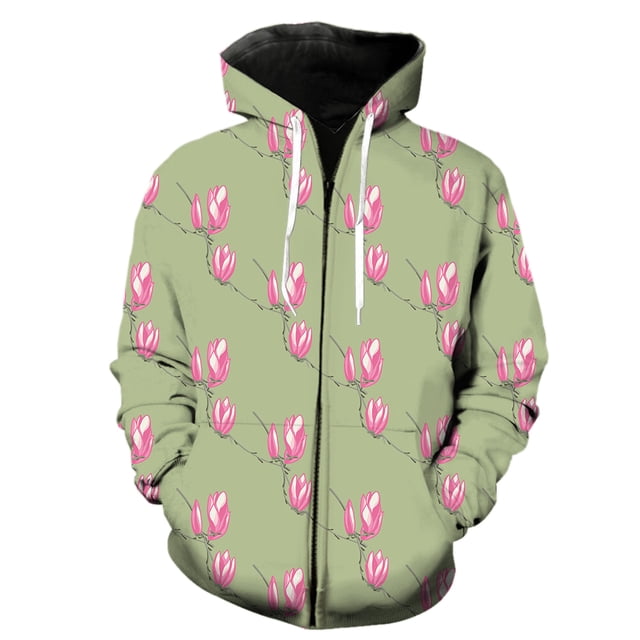 Sudadera con capucha y cremallera para hombre, estilo Harajuku informal de gran tamaño, con estampado de flores y magnolia, ideal para primavera de 2024. Chaquetas con capucha, ropa de calle, moda mod