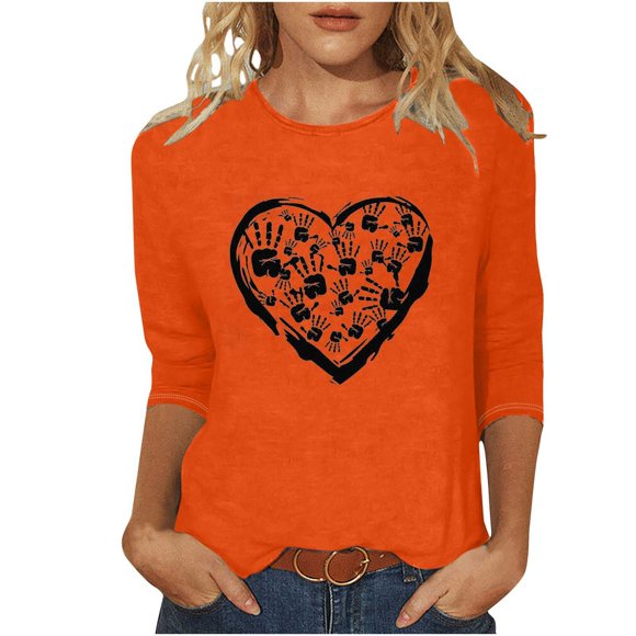 Orange Shirts for Women T-Shirts for Women Ladies' Orange Shirt Japanese Fashion Printed Round Neck 3/4 Sleeve T-Shirt Loose Top Womens Fashion Tops Wear Orange T-Shirt