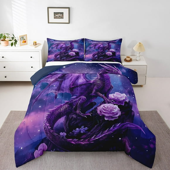 YST Girls Dragon Bedding Set King Size, Mysterious Galaxy Comforter Set Loong Wild Animal Quilt Starry Sky Outer Space Bedding Comforter Sets For Kids Boys Teens Adult Women, Purple