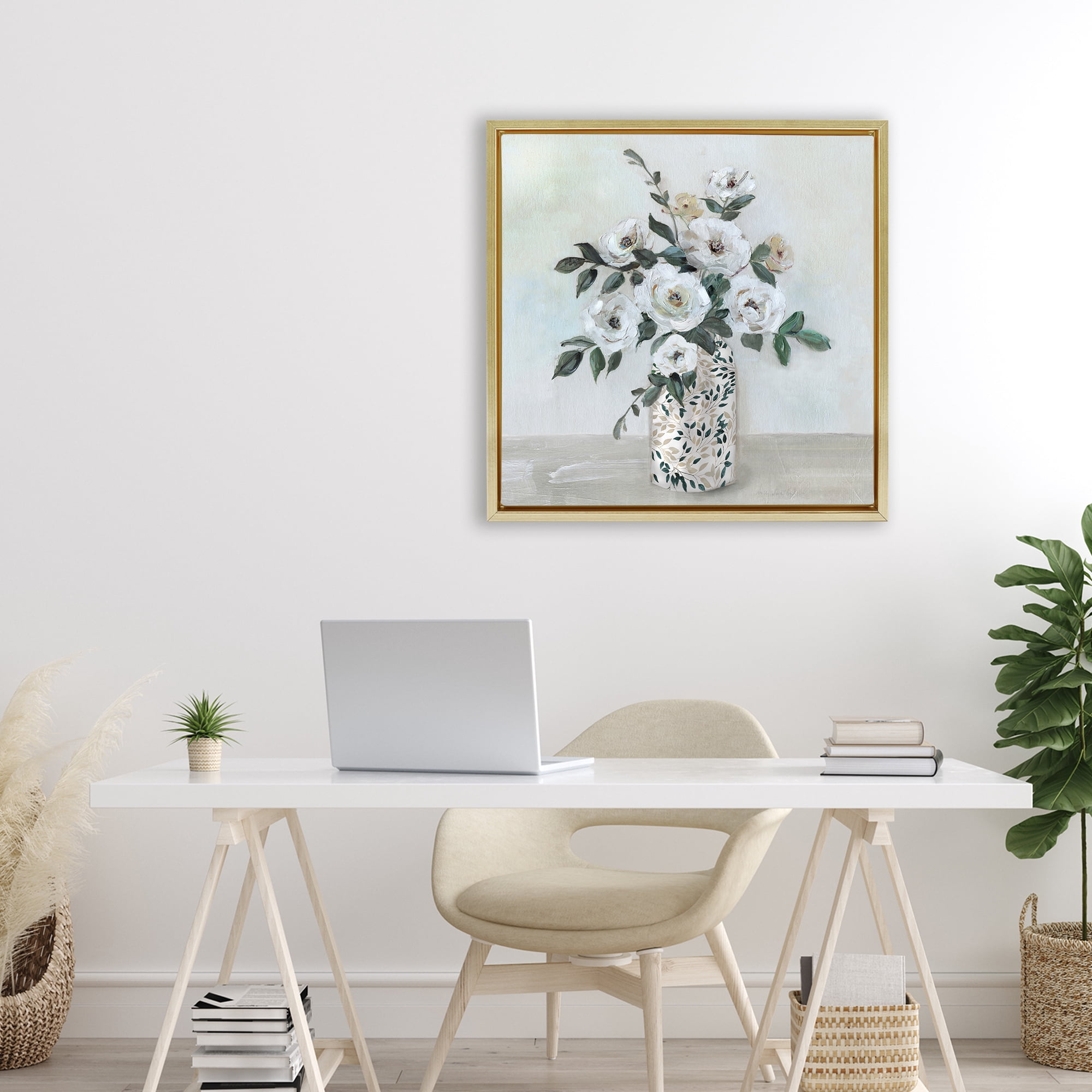 Stupell Industries Leaf Patterned Flower Vase Gold Framed Floater Canvas Wall Art, design by Sally Swatland