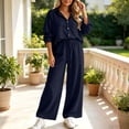 thumbnail image 6 of BRELIL Women's Two Piece Outfits Sets Collared Long Sleeve Shirt Wide Leg Pants Casual Lounge Matching Set Solid Boho Vacation Travel Tracksuit, Navy 2XL, 6 of 6