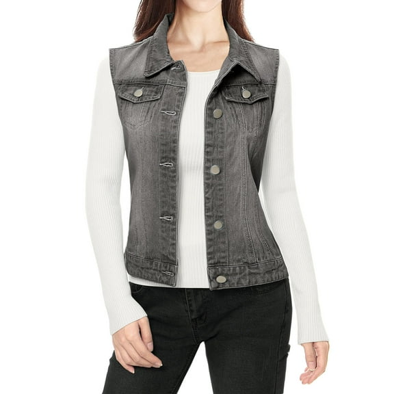 INSPIRE CHIC Women's Washed Denim Button Sleeveless Vest Jacket with Pockets M Gray